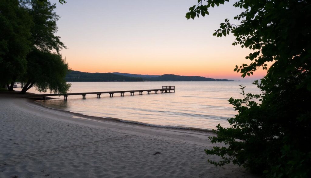 A serene lakefront landscape on the shores of Lake Huron, Michigan. In the foreground, a pristine sandy beach meets the tranquil waters, with gentle waves lapping at the shore. Lush green trees and foliage frame the scene, creating a natural and soothing atmosphere. In the middle ground, a wooden dock extends into the lake, inviting visitors to take in the breathtaking sunrise views. The background features rolling hills and a cloudless sky, painted in hues of soft pink and orange, reflecting the golden light of the early morning. The overall scene conveys a sense of peace, tranquility, and the beauty of nature's retreat.