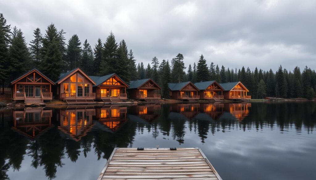 A serene lakefront setting with a cluster of well-appointed, rustic cabins nestled amidst lush evergreen trees. The cabins feature large windows, wooden exteriors, and charming porch details. A tranquil lake reflects the cabins, creating a mirror-like effect. Warm, soft lighting emanates from the cabins, casting a cozy glow across the scene. In the foreground, a wooden dock extends into the calm waters, inviting visitors to relax and take in the picturesque views. The overall mood is one of peaceful seclusion and quiet contemplation, perfect for a soulful escape.