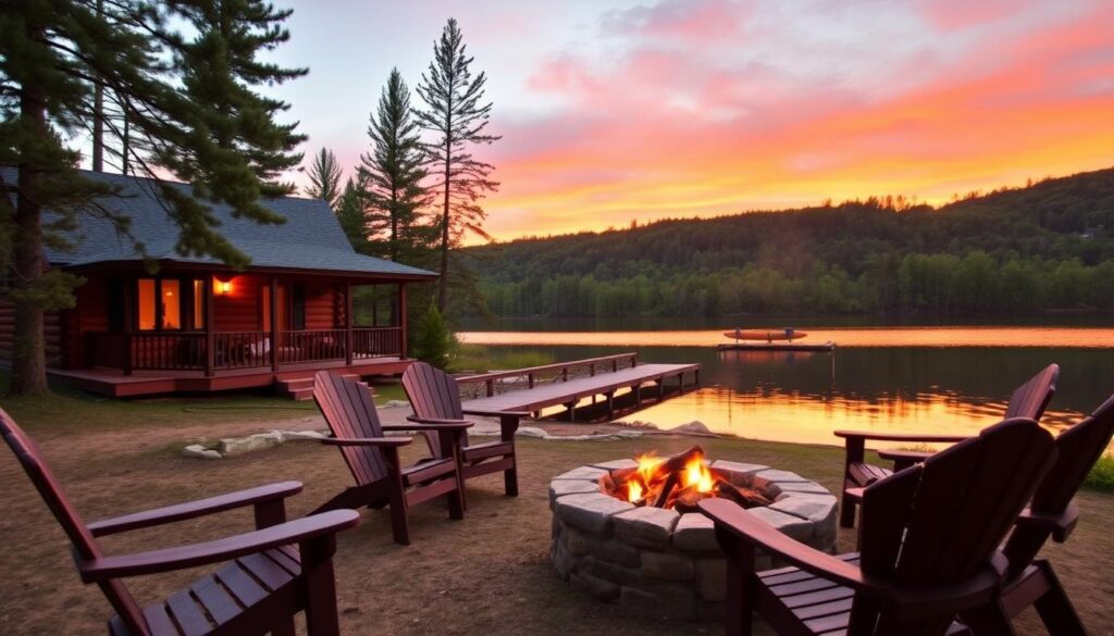 A serene lakeside cabin nestled among towering pines, its wraparound porch adorned with plush wicker furniture. In the foreground, a crackling firepit surrounded by Adirondack chairs, inviting guests to bask in the warm glow as they gaze out over the still, reflective waters. The middle ground features a wooden dock stretching into the lake, where a canoe and kayak await adventurous visitors. The background showcases the lush, verdant landscape, complemented by a vibrant sunset that paints the sky in hues of orange and pink. Soft, diffused lighting illuminates the scene, creating a cozy, welcoming atmosphere perfect for a peaceful, rejuvenating stay.