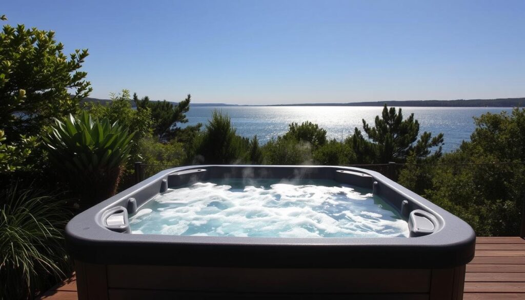 A serene lakeside hot tub nestled amidst lush greenery, with a clear azure sky overhead. The hot tub is filled with steaming, crystal-clear water, inviting visitors to sink in and unwind. Soft lighting casts a warm glow, creating a cozy and relaxing ambiance. The tub is situated on a wooden deck, blending seamlessly with the natural surroundings. In the distance, the glistening waters of Lake Travis can be seen, providing a picturesque backdrop. The scene evokes a sense of tranquility and rejuvenation, perfect for a peaceful getaway.