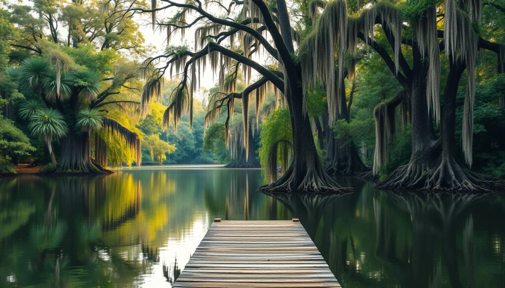 A serene lakeside landscape in Alabama's Black Belt region. A tranquil body of water reflects the lush, verdant foliage surrounding it. Towering cypress trees with gnarled, twisted branches stand guard, their delicate Spanish moss-draped limbs swaying gently in the soft breeze. In the foreground, a wooden dock juts out into the still waters, inviting visitors to pause, breathe deeply, and immerse themselves in the calming, restorative atmosphere. Soft, diffused lighting filters through the canopy, casting a warm, golden glow over the scene. The overall mood is one of profound peace and natural harmony, a true escape from the stresses of everyday life.