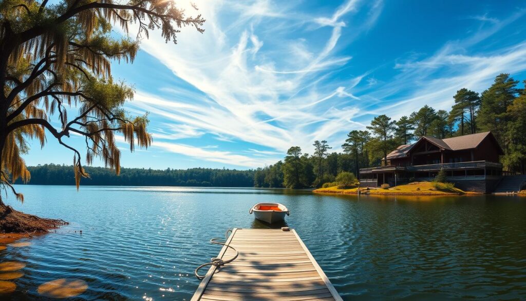 A serene lakeside retreat nestled in the lush forests of North Florida. A wide panoramic view of Runaway Bay Lodge overlooking the tranquil waters of Lake George, the gateway to the Ocala National Forest. Warm golden sunlight filters through the canopy of ancient live oaks, casting a soft glow across the weathered wooden lodge. In the foreground, a gently curving dock leads out to a small boat floating peacefully on the still surface. Wispy clouds drift overhead in a brilliant azure sky. The overall mood is one of peaceful seclusion, an idyllic natural escape far from the bustle of daily life.