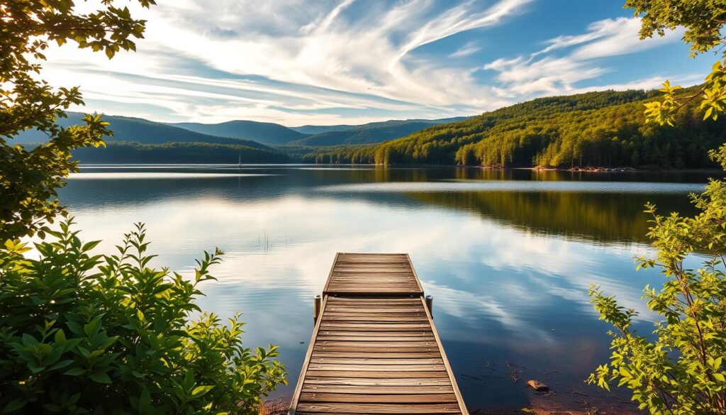 A serene lakeside scene, with a small wooden dock reaching out into the still waters of a Michigan Great Lake. The foreground features lush, verdant foliage lining the shore, creating a natural, picturesque frame. In the middle ground, the glassy surface of the lake reflects the surrounding trees and sky, creating a sense of tranquility. The background showcases rolling hills and distant forests, bathed in warm, golden sunlight filtering through wispy clouds. The entire composition evokes a feeling of peaceful escape, inviting the viewer to imagine themselves relaxing and taking in the beauty of this picturesque lake access.