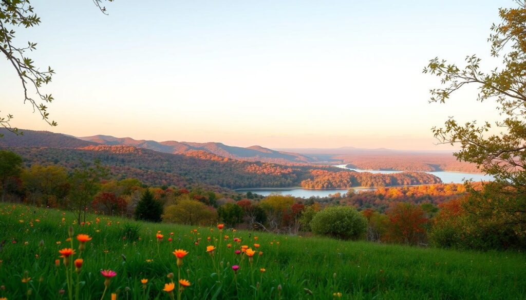 A serene landscape in the Alabama Black Belt region, capturing the best times of year for an unplugged retreat. The foreground showcases a lush, verdant meadow, dotted with vibrant wildflowers in a warm, golden-hour glow. In the middle ground, rolling hills covered in a patchwork of autumnal hues - russet, amber, and ochre - lead the eye towards a tranquil lake, its surface reflecting the surrounding foliage. The background features a majestic, cloudless sky, painted in soft pastel shades. A gentle breeze rustles the leaves, creating a sense of peaceful tranquility. Soft, diffused lighting illuminates the scene, creating a warm, inviting atmosphere perfect for an unplugged getaway.