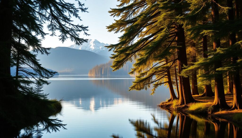 A serene landscape of Lake Crescent, nestled amidst the lush, verdant rainforest of Washington's Olympic Peninsula. The tranquil, mirror-like surface reflects the towering, snow-capped peaks of the Olympic Mountains in the distance, bathed in the warm, golden glow of the late afternoon sun. Tall, ancient evergreen trees line the shore, their branches casting soft, dappled shadows across the water. A gentle breeze rustles the leaves, creating a soothing, meditative ambiance. The scene exudes a sense of peaceful solitude, inviting the viewer to pause and immerse themselves in the natural beauty of this hidden, water-side haven.
