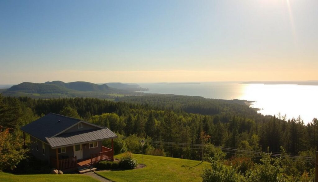 A serene landscape of Traverse City, Michigan, nestled along the shores of the picturesque Grand Traverse Bay. In the foreground, a quaint tiny home with a wraparound porch and a tranquil garden, inviting peaceful living. The middle ground features rolling hills dotted with lush forests, their vibrant greens contrasting against the azure sky. In the distance, the sparkling waters of the bay reflect the warm, golden hues of the setting sun, casting a cozy, welcoming glow over the scene. Soft, diffused lighting bathes the entire composition, creating a sense of calm and seclusion, perfect for an "Up North" lifestyle.