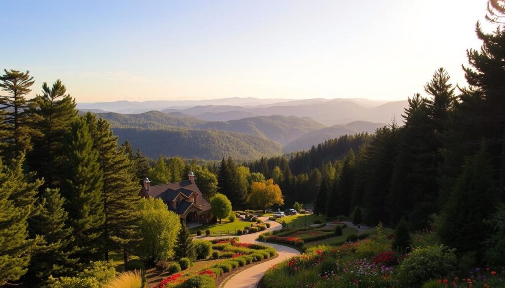 A serene landscape of rolling hills and lush forests, illuminated by warm, golden sunlight. In the foreground, a tranquil retreat center nestled among towering pines, its architecture blending seamlessly with the natural surroundings. In the middle ground, a winding path leads visitors through a picturesque garden, dotted with vibrant wildflowers. In the background, distant mountains rise, their peaks kissed by wispy clouds. The scene conveys a sense of harmony and spiritual rejuvenation, inviting faith-based travelers to experience the beauty and tranquility of Tennessee's nature retreats.