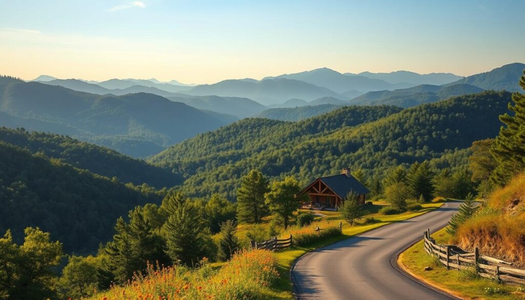 A serene landscape of the majestic Blue Ridge Mountains in Georgia, with rolling hills covered in lush, verdant forests. In the foreground, a winding country road leads through the picturesque valley, flanked by rows of vibrant wildflowers. The middle ground features a charming, rustic cabin nestled among the trees, its warm, weathered wood and stone facade reflecting the natural beauty of its surroundings. In the distance, the peaks of the Blue Ridge range rise majestically, their blue-hued silhouettes casting long shadows over the peaceful scene. The image is bathed in soft, golden sunlight, creating a warm, romantic atmosphere that invites the viewer to escape to this tranquil, secluded haven.