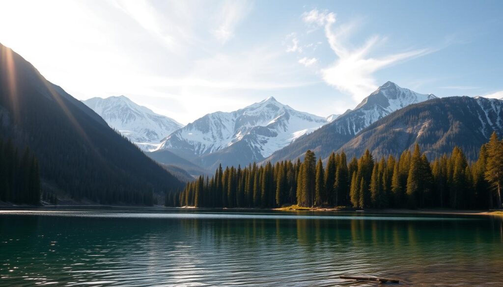 A serene landscape with majestic snow-capped peaks of the Sierra Nevada mountains rising in the background, framed by lush evergreen forests in the middle ground. In the foreground, a tranquil alpine lake reflects the surrounding natural beauty, its crystal-clear waters shimmering under the warm, golden sunlight filtering through wispy clouds. The scene exudes a sense of calm and inspiration, inviting the viewer to immerse themselves in the peaceful, restorative power of nature.