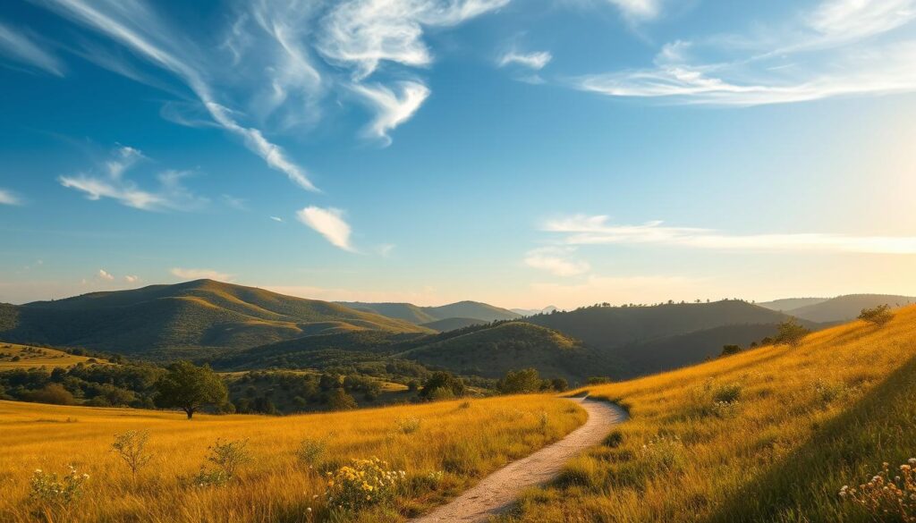 A serene morning landscape in the rolling Texas hill country. Soft, golden sunlight filters through wispy clouds, casting a warm glow over a tranquil meadow dotted with wildflowers. In the distance, undulating hills rise, their slopes covered in lush, verdant vegetation. A winding path meanders through the foreground, inviting the viewer to step into the scene and experience the quiet beauty of this natural sanctuary. The atmosphere is one of calm reflection, with a sense of timelessness and the peaceful embrace of the great outdoors.