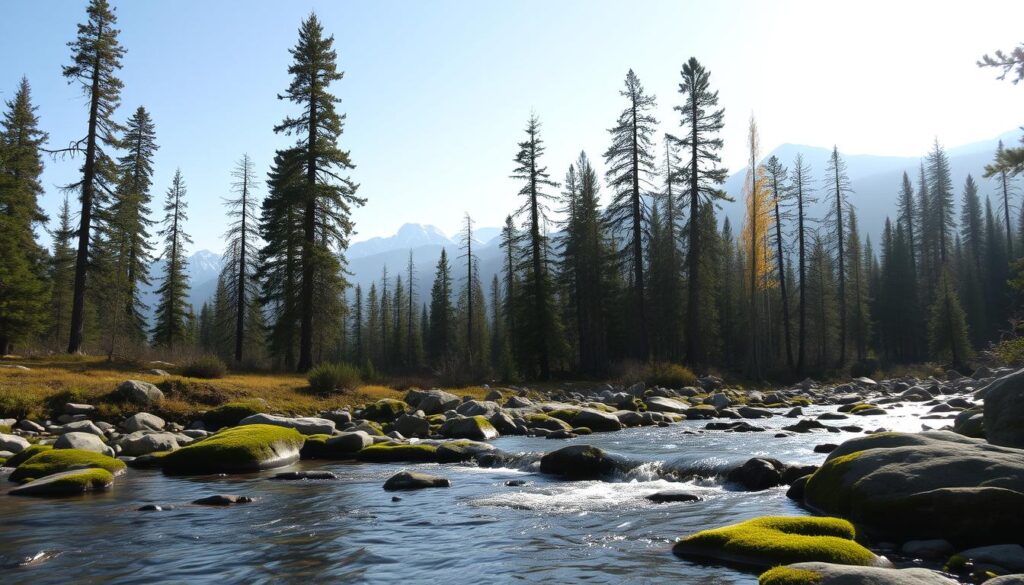 A serene mountain forest bathed in soft, diffused natural light. In the foreground, a tranquil stream flows gently over moss-covered rocks, its soothing sound inviting contemplation. Towering pines and aspen trees line the middle ground, their leaves rustling in a gentle breeze. In the distance, snow-capped peaks rise against a hazy, azure sky, radiating a sense of peaceful grandeur. The overall scene evokes a deep connection to the natural world, fostering a state of mindful presence and introspection.