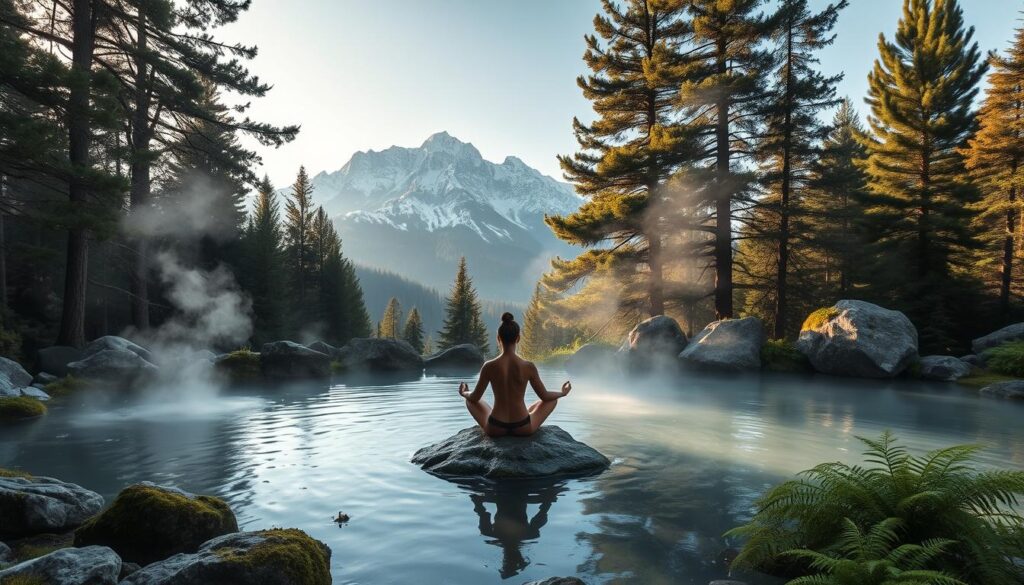 A serene mountain hot spring nestled among towering pine trees, the steam rising gently into the crisp, alpine air. In the foreground, a person sits cross-legged on a rock, lost in peaceful meditation, the water's soothing warmth enveloping them. The middle ground features lush, mossy boulders and ferns, creating a natural, rejuvenating ambiance. The background showcases majestic, snow-capped peaks reaching towards the heavens, their grandeur inspiring a sense of wonder and spiritual connection. Soft, golden natural lighting filters through the canopy, casting a warm, ethereal glow over the entire scene. A lens with a shallow depth of field highlights the meditating figure, drawing the eye inward towards the tranquil practice.