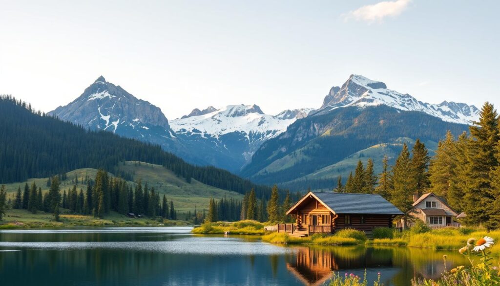 A serene mountain landscape in the Rockies of Colorado, with a cozy spiritual retreat nestled amidst towering peaks and lush evergreen forests. The foreground features a rustic log cabin surrounded by a tranquil lake, its waters reflecting the majestic scenery. In the middle ground, rolling hills dotted with wildflowers lead up to the dramatic, snow-capped mountain range. Soft, warm lighting bathes the scene, creating a peaceful, contemplative atmosphere. The image conveys a sense of solitude, connection with nature, and the rejuvenating power of spiritual retreats in this stunning natural setting.