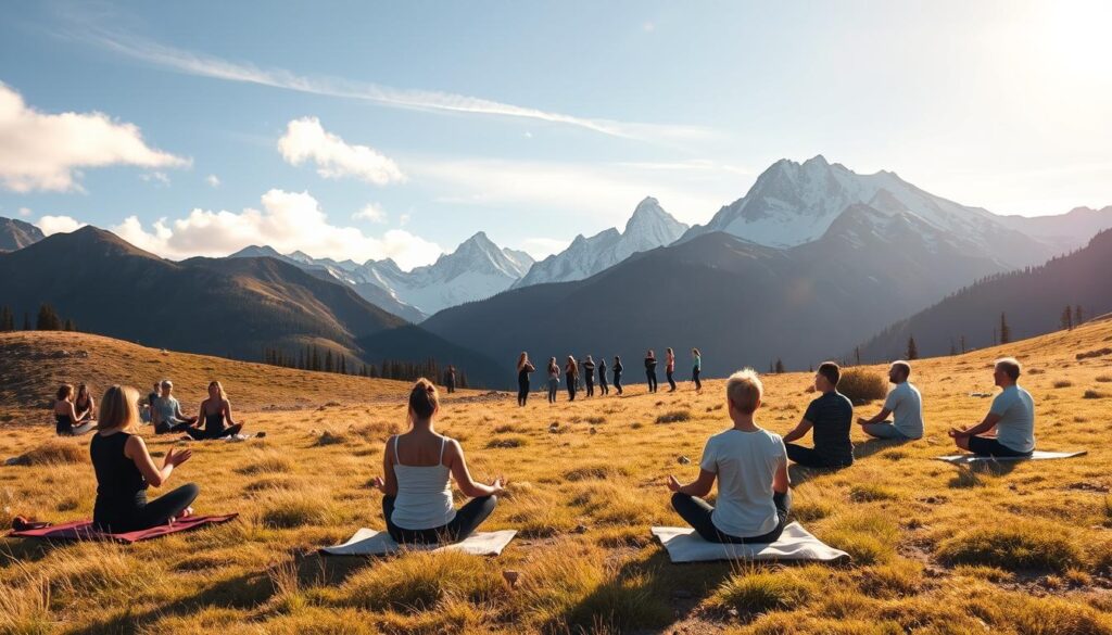 A serene mountain meadow in the Colorado Rockies, bathed in soft, golden afternoon sunlight. In the foreground, a group of people sit cross-legged on meditation cushions, their eyes closed, palms resting gently on their laps. Wispy clouds drift overhead, casting delicate shadows across the scene. In the middle ground, a small gathering of people flow through gentle yoga postures, their movements fluid and graceful. Towering, snow-capped peaks rise in the distance, creating a majestic backdrop for this scene of tranquil, contemplative practice. The overall mood is one of deep introspection, connection with nature, and spiritual renewal.