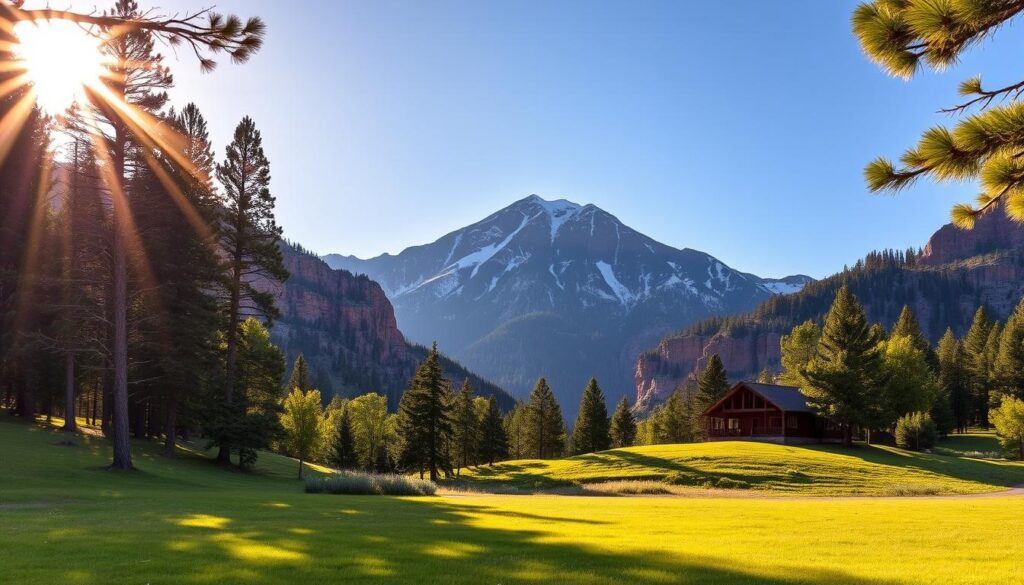 A serene mountain ranch nestled against the majestic Pikes Peak, with a lush meadow in the foreground and a picturesque log cabin in the middle ground. The sun casts a warm, golden glow over the scene, creating a peaceful and picturesque atmosphere. In the background, towering pines and rugged cliffs frame the breathtaking vista, hinting at the natural wonders that surround this idyllic retreat. The image conveys a sense of tranquility and seclusion, inviting the viewer to imagine the joys of a relaxing stay at this beautiful Colorado oasis.