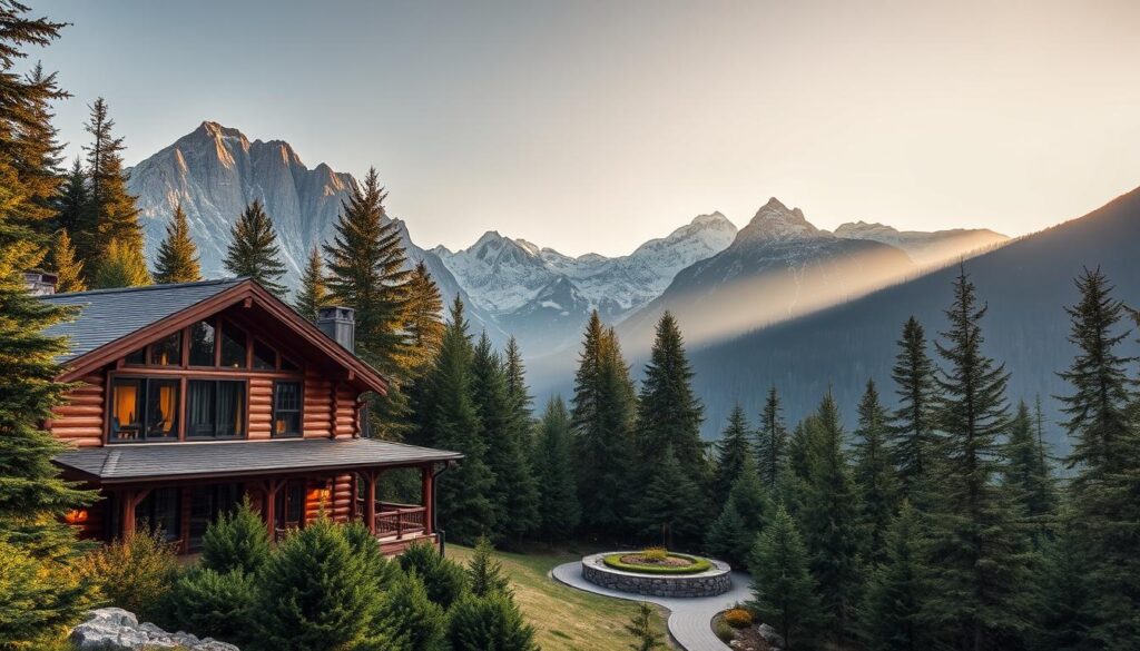 A serene mountain retreat nestled amidst towering peaks, with a cozy log cabin in the foreground surrounded by lush evergreen forests. The cabin's rustic exterior invites visitors to unwind, while large windows offer panoramic views of the breathtaking landscape. Soft, natural lighting filters through the trees, creating a warm and peaceful atmosphere. In the middle ground, a winding path leads to a tranquil meditation garden, where visitors can find solace and spiritual renewal. The background features snow-capped mountains reaching towards the heavens, evoking a sense of awe and connection with the natural world.