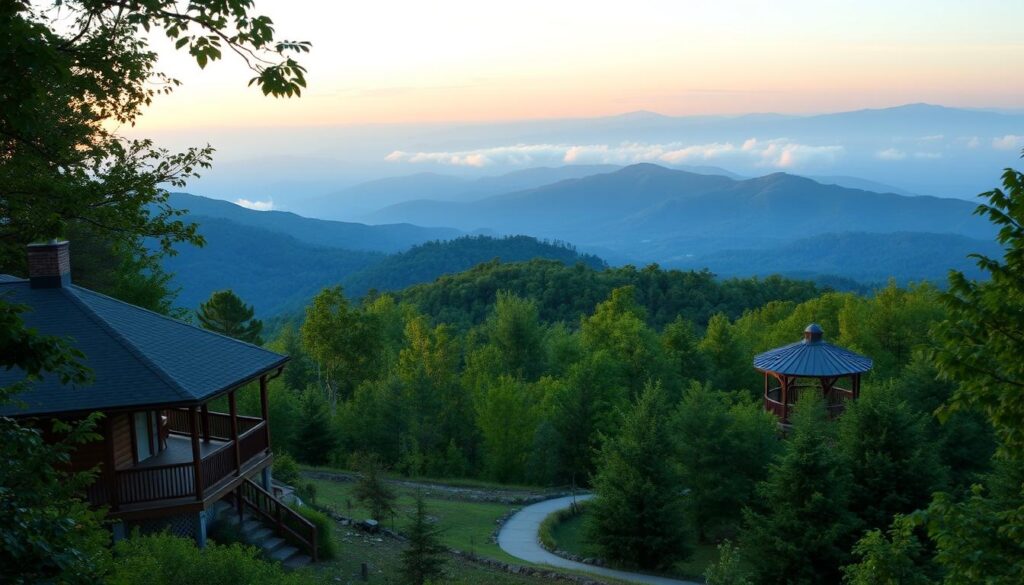 A serene mountain retreat nestled in the lush Asheville region of North Carolina's Smokies. In the foreground, a cozy cabin with rustic wood siding and a wrap-around porch overlooking a tranquil pond, surrounded by a verdant forest canopy. The middle ground features a gentle hiking trail winding through the understory, leading to a picturesque gazebo with panoramic views of the rolling blue hills. In the background, the misty silhouettes of majestic peaks rise up, bathed in soft, golden light from the setting sun. The overall scene exudes a sense of peace, rejuvenation, and harmony with nature.