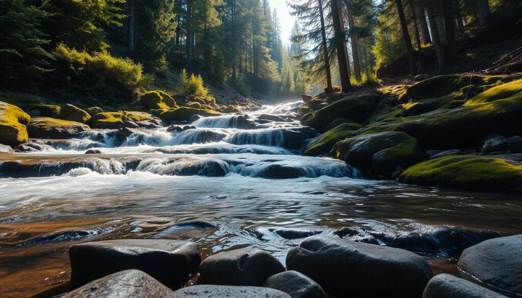 A serene mountain stream cascading over mossy rocks, its clear waters rushing and tumbling through a lush, verdant forest. Dappled sunlight filters through the canopy, casting a warm, golden glow on the scene. The water flows with a gentle, soothing rhythm, creating a tranquil ambiance. In the foreground, smooth, water-worn stones line the stream's edge, while in the background, towering evergreen trees frame the captivating vista. This idyllic off-grid setting evokes a sense of tranquility and self-sufficiency, perfectly encapsulating the essence of living in harmony with nature.