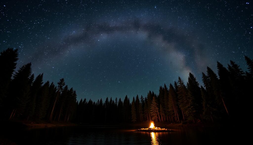 A serene night sky filled with twinkling stars, the Milky Way arching majestically overhead. In the foreground, a tranquil lake reflects the celestial display, its calm waters rippling gently. Surrounding the lake, a dense forest of towering pine and fir trees, their silhouettes standing tall against the inky blackness. A warm campfire casts a soft, flickering glow, illuminating the scene with a cozy, intimate atmosphere. The air is crisp and clean, the sound of a nearby creek adding to the peaceful ambiance. This is a secluded nature retreat, perfect for stargazing and immersing oneself in the beauty of the great outdoors.