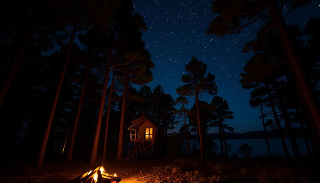 A serene nighttime landscape in a dense, East Texas pine forest. In the foreground, a soft glow from a crackling campfire illuminates the silhouettes of tall, towering trees. The middle ground reveals a clearing in the woods, where a small treehouse nestles amongst the branches, its warm lights spilling out into the darkness. In the background, the night sky is alight with a breathtaking display of twinkling stars, reflected in a still, glassy lake. A sense of peaceful solitude and wonder permeates the scene, inviting the viewer to step into this enchanting, off-the-grid retreat.
