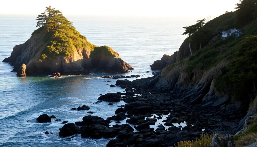 A serene oceanfront landscape along the picturesque Mendocino Coast, California. In the foreground, a tranquil cove with gently lapping waves caressing the rocky shore. Towering cliffs draped in lush, verdant foliage rise up in the middle ground, casting soft, warm shadows over the scene. In the distance, the vast expanse of the Pacific Ocean shimmers under the golden rays of the setting sun, the horizon dotted with small, idyllic cottages nestled amidst the rugged, windswept landscape. The atmosphere is one of peaceful solitude, inviting the viewer to bask in the natural beauty and serenity of this remarkable coastal haven.