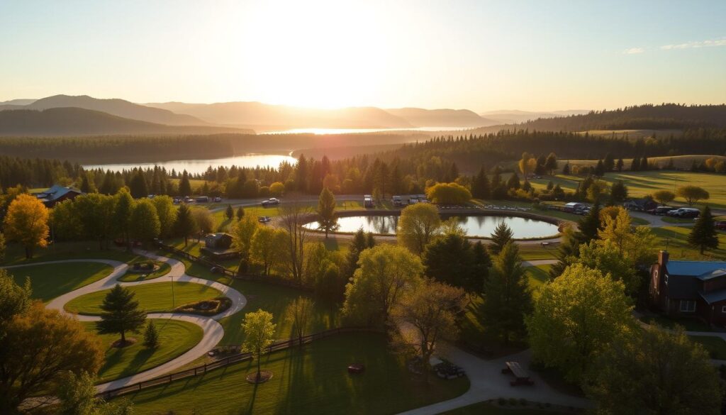 A serene outdoor scene showcasing various parks and recreation areas suitable for tiny home placements. In the foreground, a well-maintained public park with lush greenery, winding paths, and inviting picnic areas. In the middle ground, a scenic county park with rolling hills, a serene lake, and campsites dotting the landscape. In the background, the silhouettes of mountains and forests suggest the presence of secluded retreat areas, perfect for those seeking a peaceful and natural living experience. The scene is bathed in warm, golden sunlight, creating a sense of tranquility and natural beauty. The overall atmosphere evokes a feeling of sanctuary and a connection to the great outdoors.