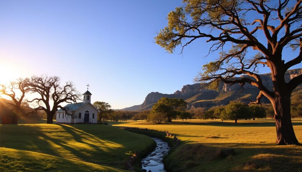 A serene pastoral scene in Kerrville, Texas, bathed in warm golden light. In the foreground, a quaint country chapel with a steeple silhouetted against a cloudless azure sky. Surrounding the chapel, lush rolling hills dotted with ancient live oak trees, their gnarled branches casting playful shadows across the verdant grass. In the middle ground, a small creek meanders peacefully, its surface reflecting the tranquil sky above. Farther in the distance, rugged limestone cliffs rise majestically, evoking a sense of timeless wonder. The overall mood is one of peaceful contemplation, inviting the viewer to immerse themselves in the beauty of God's creation.