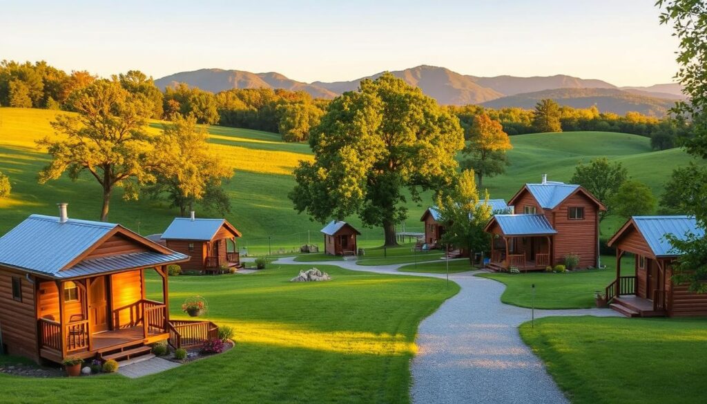 A serene, pastoral scene of a cozy tiny house rental community nestled in the lush, rolling hills of Tennessee's Piney River Resort. In the foreground, charming tiny houses with wood siding and tin roofs dot the landscape, their porches and gardens inviting visitors to relax and unwind. The middle ground features well-maintained gravel pathways winding through verdant meadows, dotted with mature oak and maple trees casting dappled shadows. In the distance, the Blue Ridge Mountains rise majestically, their silhouettes bathed in a warm, golden sunset glow. The overall atmosphere evokes a sense of rustic tranquility and simple pleasures, perfect for a relaxing getaway.