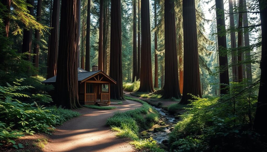 A serene redwood forest in Northern California, the sunlight filtering through the tall, ancient trees. In the foreground, a winding dirt path leads towards a cozy cabin nestled among the verdant undergrowth. The cabin's rustic exterior is framed by a wooden porch, inviting visitors to pause and take in the tranquil atmosphere. In the middle ground, a small stream meanders through the scene, its gentle sounds adding to the sense of peaceful retreat. The background is dominated by the majestic redwoods, their towering trunks and lush canopies creating a natural cathedral-like ambiance. The overall mood is one of restorative solitude, perfectly capturing the essence of a healing hideaway in the heart of the California redwoods.