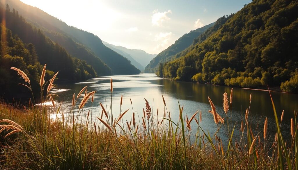 A serene river flows gently through a lush, verdant valley, its crystal-clear waters reflecting the towering, tree-covered hills on its banks. Warm, golden sunlight filters through wispy clouds, casting a soft, dreamy glow over the tranquil scene. In the foreground, tall grasses and wildflowers sway softly in a light breeze, inviting the viewer to pause and bask in the peaceful atmosphere. The composition is balanced, with the river occupying the central focus, the hills and forests framing the edges, and the warm, inviting lighting creating a sense of calm and relaxation. This idyllic landscape, a true Tennessee retreat, beckons the viewer to escape the stresses of everyday life and immerse themselves in the natural beauty of this secluded haven.