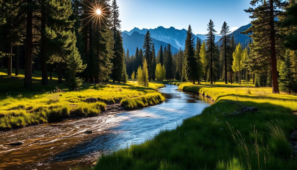 A serene river winds through a lush meadow, its banks lined with towering old-growth pines and aspens. Dappled sunlight filters through the verdant canopy, casting a warm, golden glow over the scene. In the distance, rugged mountains rise, their snow-capped peaks touching the sky. A sense of peaceful tranquility permeates the air, inviting the viewer to slow down and savor the natural beauty of this picturesque wilderness retreat.