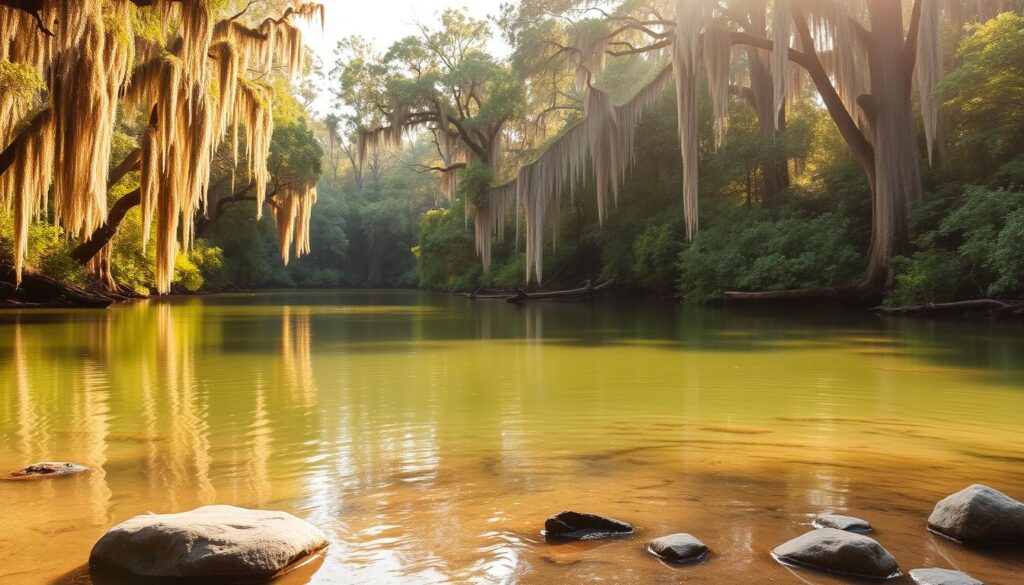 A serene river winds through a lush, verdant forest in North Florida. The crystal-clear waters of the Ichetucknee, Santa Fe, or Suwannee River reflect the towering cypress trees and hanging Spanish moss, creating a tranquil, atmospheric scene. Warm, diffused sunlight filters through the canopy, casting a golden glow over the tranquil surface. In the foreground, smooth rocks and sandy banks invite visitors to dip their toes, while the middle ground features dense, verdant foliage and fallen logs. The background is dominated by the towering cypress trees, their twisted branches reaching up towards the sky. The overall mood is one of peaceful solitude, inviting the viewer to escape the stresses of everyday life and immerse themselves in the serene natural beauty of North Florida's rivers.