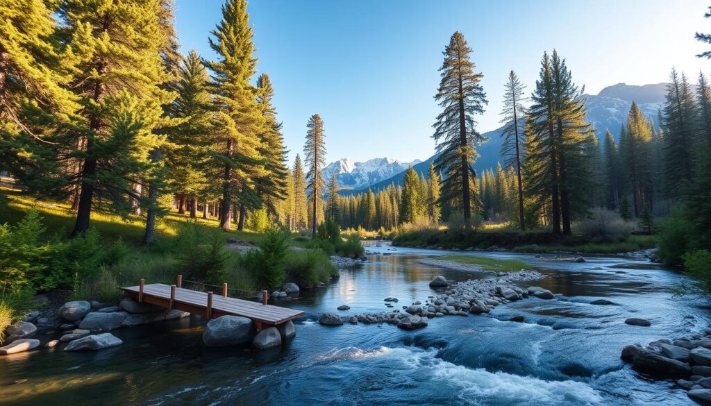 A serene river winds through the lush, verdant landscape of Eldorado National Forest, its crystal-clear waters reflecting the towering pines and majestic peaks that surround it. The sun filters through the canopy, casting a warm, golden glow over the scene, highlighting the smooth rocks and gentle rapids. In the foreground, a wooden footbridge crosses the river, inviting hikers to explore the tranquil trails that wind through the forest. The middle ground is dotted with clusters of tall, stately trees, their branches swaying gently in the breeze. In the distance, the rugged Sierra Nevada mountains rise up, their snow-capped summits piercing the azure sky. The overall atmosphere is one of peaceful solitude, a place where the mind can wander and the soul can find respite.