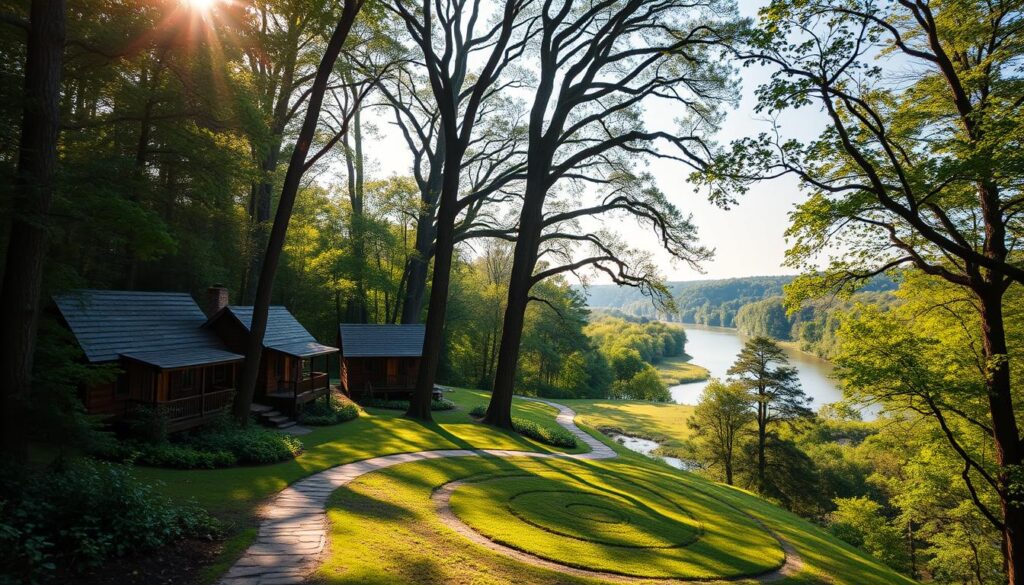 A serene riverfront landscape in Tennessee, featuring a labyrinth path winding through a lush forest. In the foreground, picturesque wooden cabins with earthy tones and natural textures nestle amidst the verdant foliage. Sunlight filters through the canopy, casting a warm, spiritual glow on the scene. The meandering river reflects the tranquil sky, inviting visitors to pause and connect with the peaceful surroundings. Towering trees line the banks, their branches reaching skyward, creating a contemplative atmosphere. The labyrinth path leads visitors on a journey of self-discovery, encouraging mindfulness and introspection. This idyllic retreat offers a sanctuary for those seeking spiritual rejuvenation amidst the beauty of Tennessee's natural wonders.