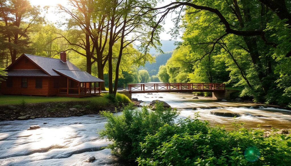 A serene riverside bungalow nestled amidst the lush greenery of Cosby Creek, Tennessee. The wooden cabin stands in the foreground, its warm, earthy tones contrasting with the rushing waters and verdant foliage. Sunlight filters through the canopy of trees, casting a gentle glow on the scene. In the middle ground, a wooden bridge spans the creek, inviting exploration. The background features rolling hills, their silhouettes softened by the tranquil atmosphere. The overall composition evokes a sense of peaceful seclusion, a perfect retreat for those seeking the beauty of nature and the comfort of a cozy riverside abode.