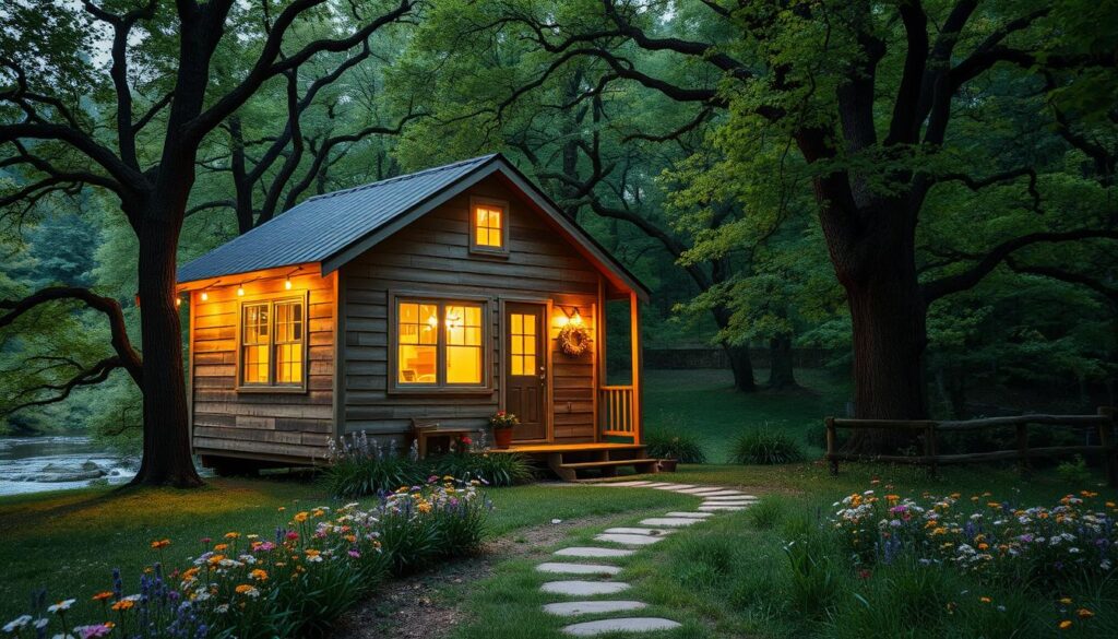 A serene, romantic tiny home nestled in the lush, verdant hills of Tennessee, surrounded by a tranquil forest of towering oak and maple trees. The home's charming exterior features weathered wood paneling and a cozy porch overlooking a babbling brook. Soft, warm lighting emanates from the windows, casting a welcoming glow onto the scene. In the foreground, a path winds through a garden of wildflowers, inviting exploration. The overall atmosphere is one of peaceful solitude, perfect for a intimate weekend getaway.