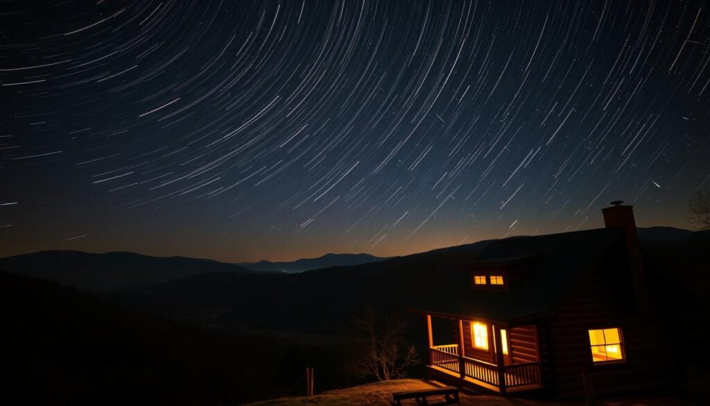 A serene, starry night sky stretches over a remote cabin nestled in the Appalachian foothills near Chattanooga, Tennessee. Wispy trails of light dance across the inky blackness, illuminating the peaceful wilderness below. A cozy porch overlooks a picturesque valley, inviting guests to gaze up at the celestial spectacle above. Warm, golden light filters through the cabin's windows, creating a welcoming ambiance. Majestic mountains rise in the distance, their silhouettes barely visible against the shimmering stars. This picturesque scene captures the tranquil beauty and off-the-grid charm of the region, perfect for hiking, autumn color, and stargazing.