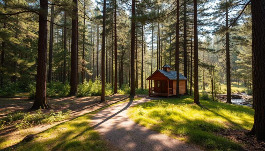 A serene, sun-dappled forest clearing in the heart of North Carolina, with a charming tiny home nestled amidst towering pine trees. The wooden cabin's warm, earthy tones blend seamlessly with the lush, verdant landscape. A winding path leads to the home's quaint porch, inviting you to step inside and experience the tranquility of this hidden escape. Soft, natural light filters through the trees, casting a magical glow over the scene. In the distance, a babbling brook can be heard, adding to the sense of peaceful seclusion. This is a sanctuary where one can truly unwind and reconnect with the beauty of the natural world.