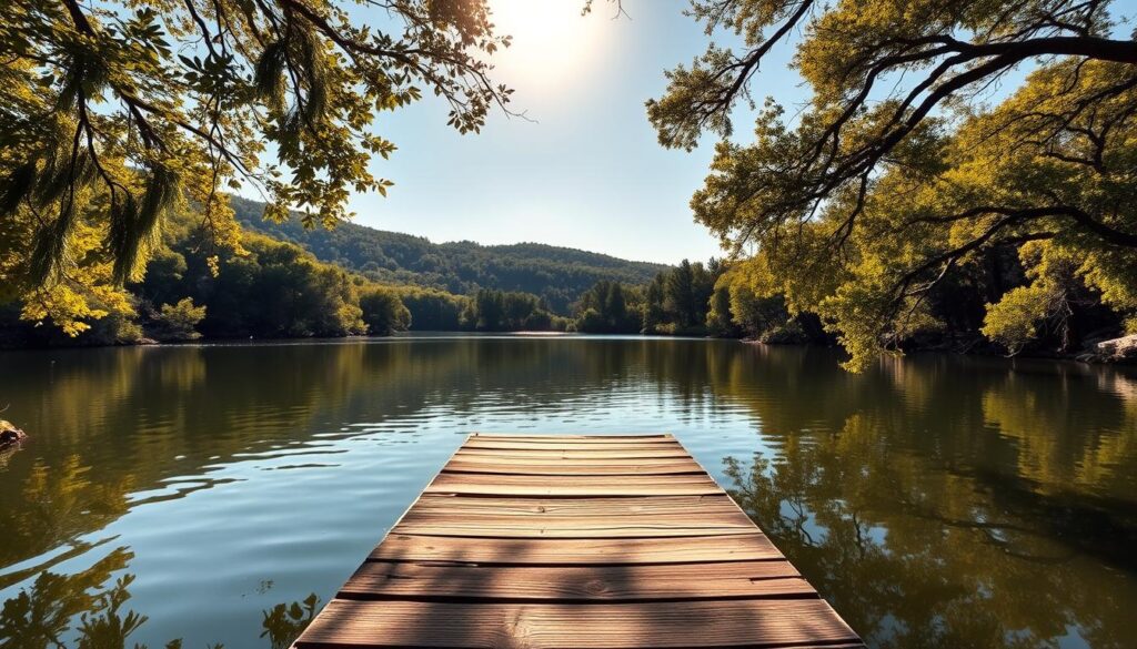 A serene, sun-dappled lakeside scene nestled amidst lush, verdant foliage. The calm waters of Lake Travis reflect the surrounding hills and trees, creating a mirror-like surface that invites tranquil contemplation. In the foreground, a wooden dock extends gracefully into the lake, its weathered planks offering a peaceful vantage point to take in the breathtaking vista. Warm, golden sunlight filters through the canopy, casting a soft, ethereal glow over the entire landscape. The overall atmosphere evokes a sense of quiet seclusion and restorative stillness, perfectly capturing the essence of a peaceful rental retreat near this picturesque Texas lake.