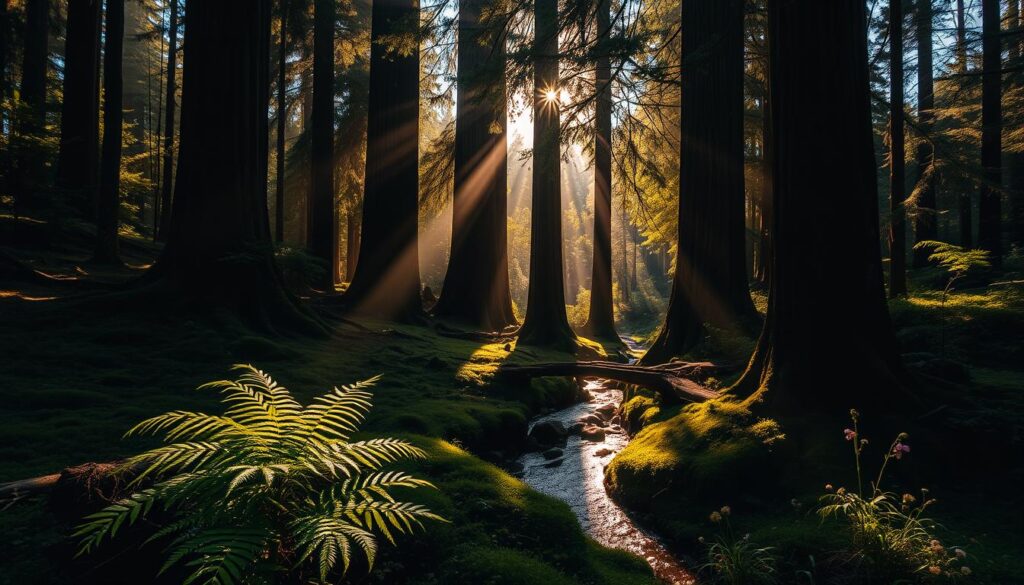 A serene, sun-dappled redwood forest in Northern California, with towering ancient trees casting long shadows across a lush, mossy understory. Rays of golden light filter through the verdant canopy, illuminating a tranquil creek winding through the scene. In the foreground, ferns and wildflowers sway gently in a light breeze, inviting a moment of peaceful contemplation. The mood is one of restorative solitude, a haven for mindful retreat amidst the embrace of nature.