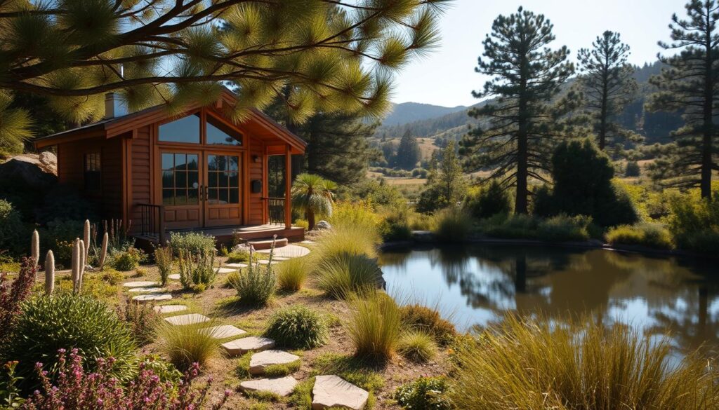 A serene, sun-dappled retreat nestled in the lush, rolling hills of Los Angeles, California. A cozy, compact cabin with warm, wooden accents and large windows framing picturesque views of the surrounding nature. In the foreground, a well-tended garden of native flora and a meandering path leading to the entrance. The middle ground features a tranquil pond, its glassy surface reflecting the cloudless sky. In the background, towering pine trees sway gently in a soft breeze, creating a soothing, contemplative atmosphere. Soft, directional lighting highlights the retreat's harmonious integration with the idyllic, sacred landscape.