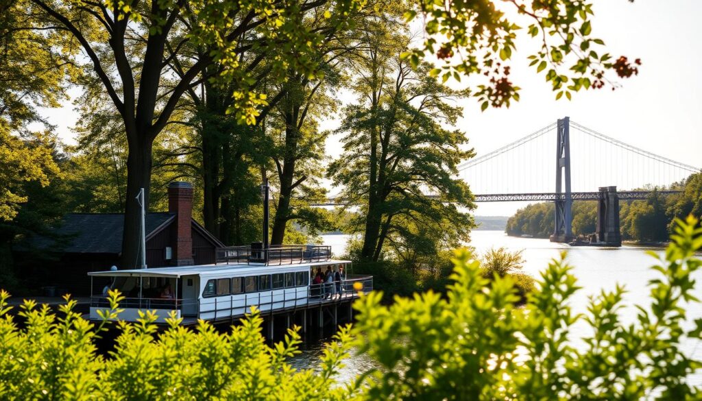 A serene, sun-dappled scene of the Mackinac Island ferry dock, its historic wooden structure nestled amidst verdant foliage. The foreground features the iconic white ferry boat, its passengers disembarking onto the quaint pier. The middle ground showcases the surrounding natural landscape, with towering trees and lush greenery framing the picturesque waterfront. In the background, the iconic Mackinac Bridge rises majestically, its graceful arches and suspension cables silhouetted against a warm, golden sky. The image conveys a sense of tranquility and escape, inviting the viewer to imagine the peaceful respite that awaits on the island.