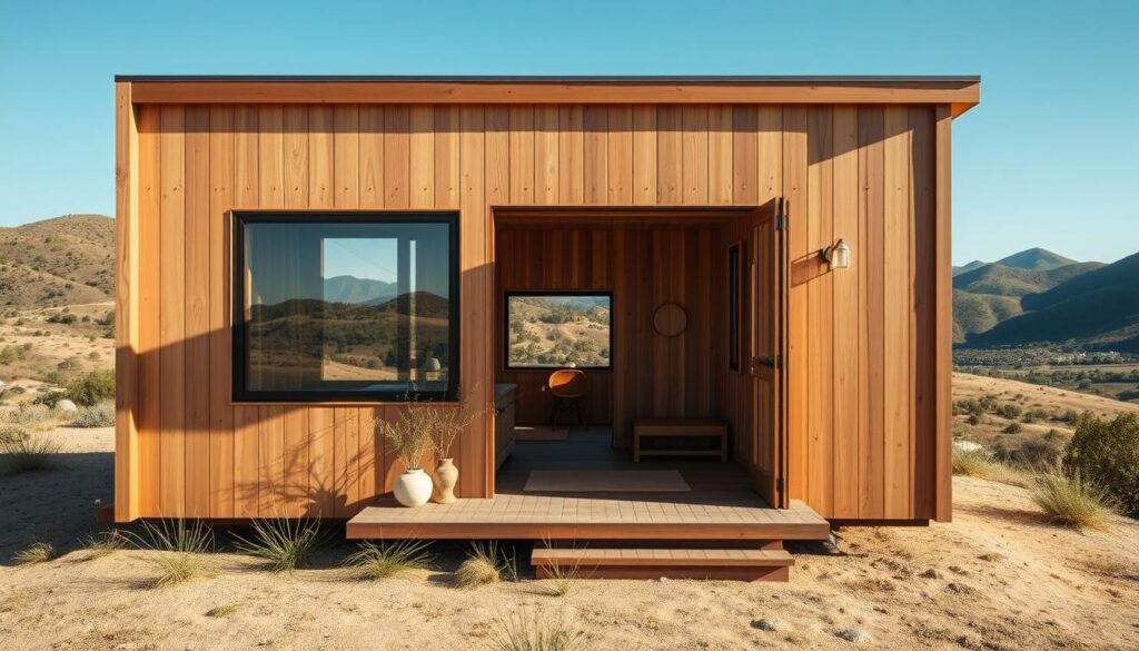 A serene, sun-drenched tiny home nestled in the rolling hills of Los Angeles, California. The minimalist, wood-clad exterior exudes a sense of tranquility and warmth, with large windows that frame the breathtaking vistas beyond. Inside, the cozy, open-concept layout is bathed in natural light, creating a contemplative, almost sacred atmosphere. Soft textures, natural materials, and a muted color palette evoke a feeling of grounded simplicity, inviting the dweller to pause, reflect, and connect with the essence of their surroundings. This tiny abode, harmoniously integrated into the landscape, offers a sanctuary from the bustling city, a place to find solace and rediscover the beauty in the small things.