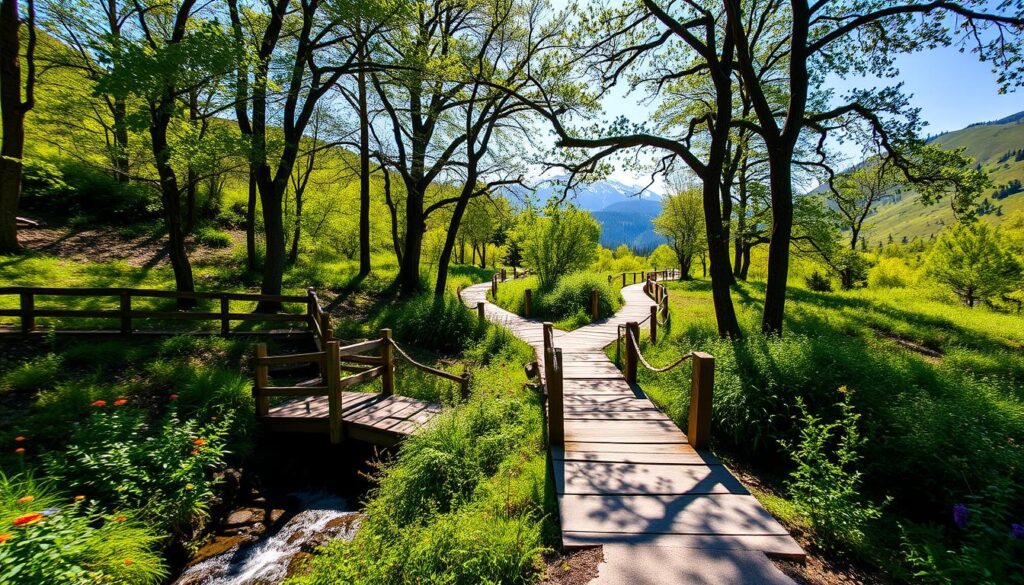 A serene trail winds through a lush, verdant landscape, with sunlight filtering through the canopy of towering trees. In the foreground, a quaint wooden bridge crosses a gently flowing creek, inviting hikers to explore the natural wonder beyond. The middle ground features a well-maintained path, flanked by vibrant wildflowers and dense undergrowth, leading into the distance. The background showcases rolling hills and mountains, their peaks capped with a dusting of snow, creating a picturesque backdrop. The overall scene conveys a sense of tranquility and easy access to the great outdoors, perfect for a peaceful weekend getaway.