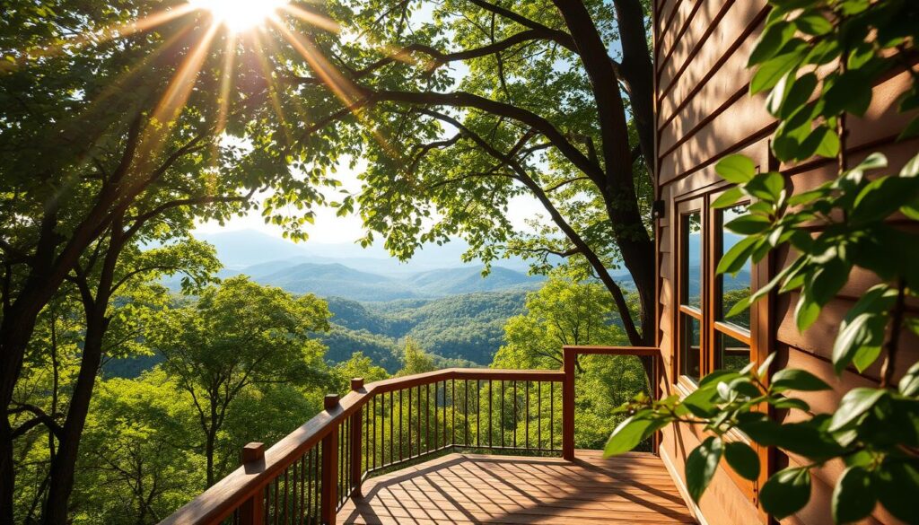 A serene treehouse nestled amidst the lush green canopy of Asheville's verdant forests. The view from the wooden platform showcases a panoramic vista of rolling hills and distant blue mountains, bathed in the warm glow of the afternoon sun filtering through the leaves. The treehouse's rustic yet cozy exterior blends seamlessly with the natural surroundings, creating a tranquil and secluded retreat. Wisps of soft, ambient light dance across the scene, evoking a sense of peace and connection with the great outdoors. The composition captures the essence of a picturesque treehouse getaway, perfect for those seeking a unique and immersive escape in the heart of Asheville's scenic splendor.
