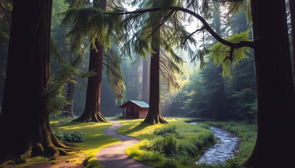 A serene vista of a lush, verdant retreat nestled in the heart of the Northern California Redwoods. Towering, ancient trees frame the scene, their branches casting a gentle, dappled light upon a secluded cabin nestled in a clearing. A winding, mossy path leads the viewer towards the peaceful abode, inviting exploration. In the distance, a glistening stream cuts through the undergrowth, its soothing sounds carrying on the crisp, earthy breeze. The overall atmosphere is one of tranquility, a hidden sanctuary away from the stresses of the world, perfect for a restorative respite in Humboldt's Trinidad or Mendocino's Elk.