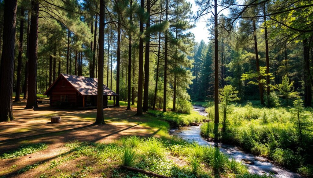 A serene woodland retreat nestled within the lush expanse of Ocala National Forest. A sun-dappled clearing offers a tranquil respite, with a rustic cabin flanked by towering pines. Soft natural light filters through the canopy, casting warm shadows across the scene. In the distance, a babbling brook meanders through the verdant undergrowth, its soothing melody inviting you to slow down and immerse yourself in the peaceful ambiance. This idyllic setting, free from the distractions of everyday life, promises a restorative escape amidst the natural beauty of central Florida.