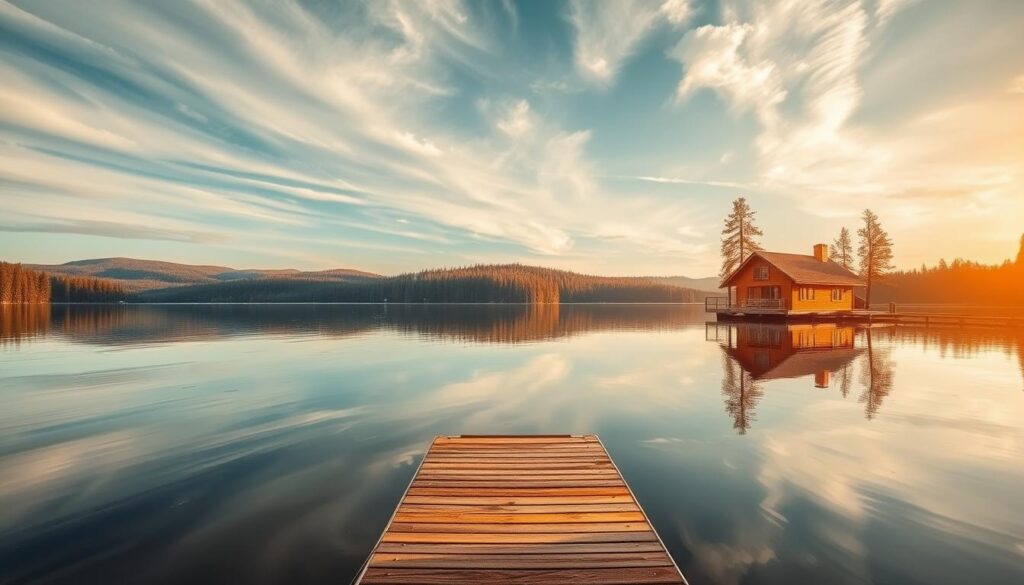 A serene, year-round lake view with a cozy cottage nestled on the shoreline. The scene captures the tranquil waters of a pristine Michigan Great Lake, reflecting the surrounding pine forests and rolling hills in its glassy surface. Warm, golden sunlight filters through wispy clouds, casting a soft, inviting glow over the landscape. In the foreground, a wooden dock extends into the lake, inviting visitors to relax and take in the breathtaking vista. The cottage itself, a charming blend of rustic and modern design, stands as a welcoming retreat amidst the natural beauty. This idyllic setting promises a peaceful escape, no matter the season.