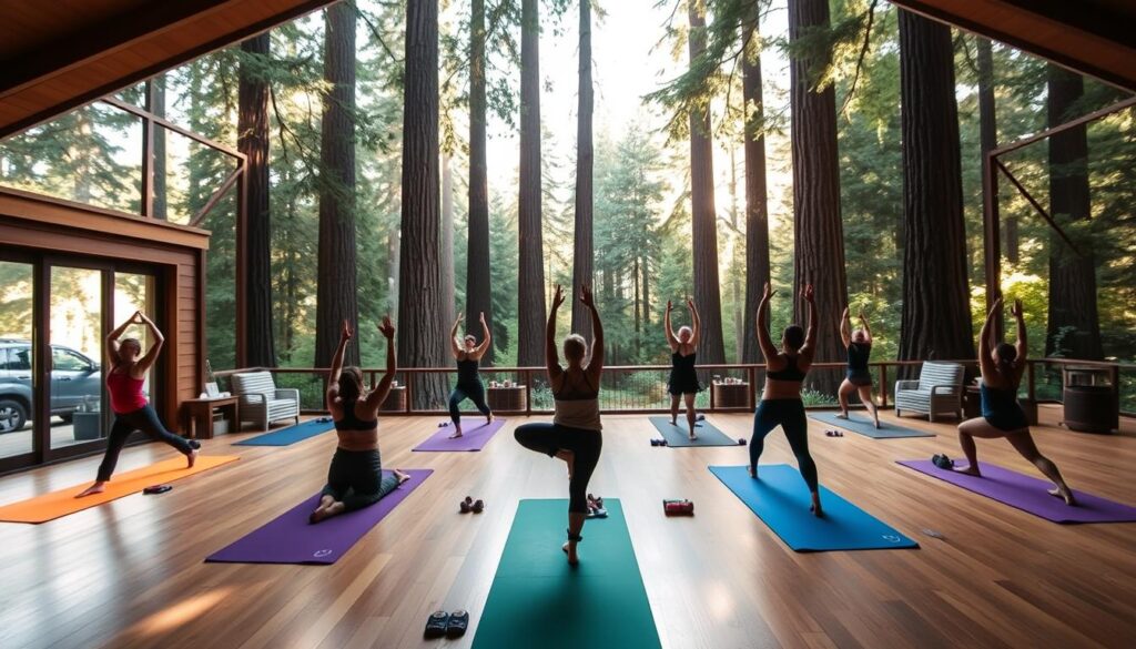A serene yoga retreat nestled in the heart of the Northern California Redwoods. In the foreground, a group of practitioners engage in various poses on vibrant yoga mats, their movements graceful and focused. The middle ground reveals a well-appointed open-air studio, its wooden floors and large windows allowing natural light to flood the space. In the background, the majestic Redwood trees stand tall, their towering trunks and lush canopies creating a peaceful, restorative atmosphere. Soft, diffused lighting filters through the leaves, casting a warm, meditative glow over the entire scene. The image conveys a sense of tranquility, rejuvenation, and a deep connection with the natural world.