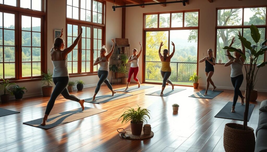 A serene yoga studio nestled in the heart of Alabama's Black Belt region. Soft natural lighting filters through large windows, casting a warm glow on the hardwood floors. In the foreground, a group of practitioners engage in a mindful flow, their movements fluid and graceful. Potted plants and natural textures like woven mats create a soothing, unplugged ambiance. The background reveals lush, verdant landscapes outside, hinting at the tranquil natural setting that surrounds this wellness oasis. An atmosphere of deep relaxation and rejuvenation permeates the scene.